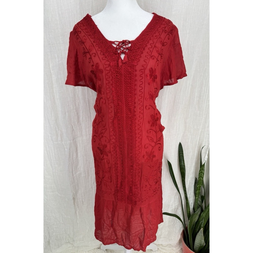 Asha Red Boho Embroidered Dress L Renaissance Festival Medieval Tie Rayon Gauze
